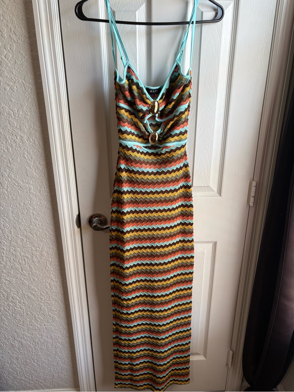 Striped Chevron Maxi Dress with Aqua Trim